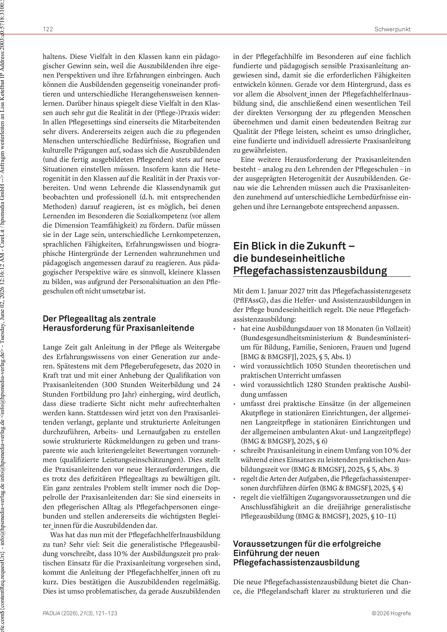 Vorschauseite 2: Ein Erfahrungsbericht aus Bayern. Die neue Pflegefachassistenzausbildung – Rückblick und Vorschau