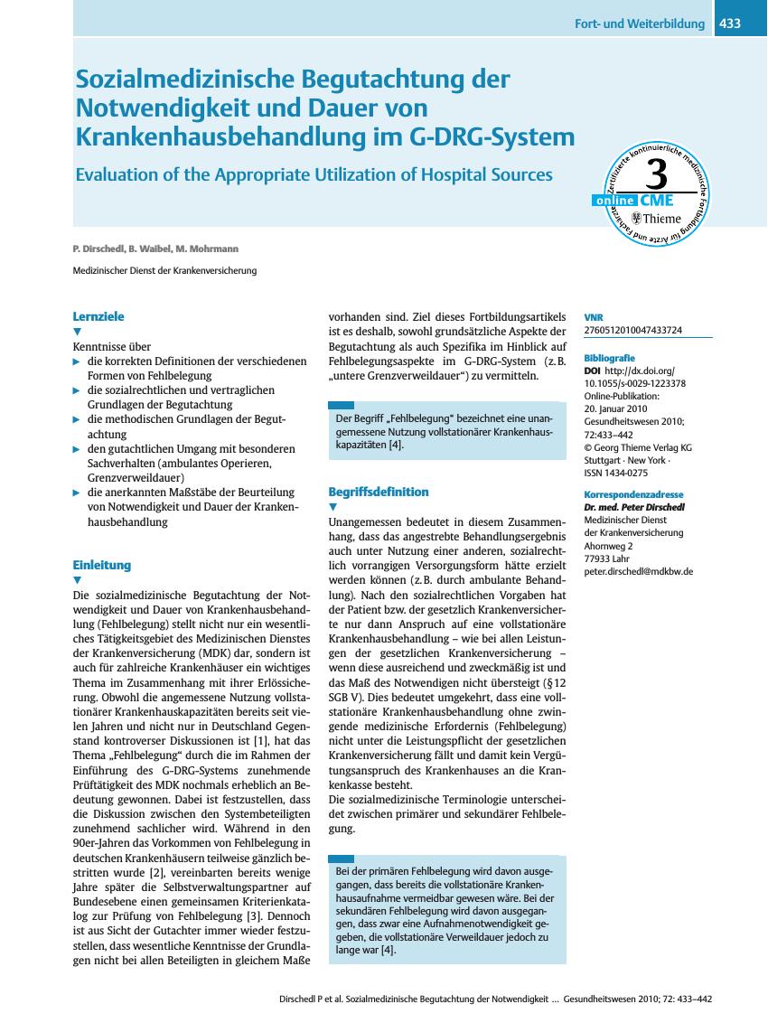 Vorschauseite 1: Sozialmedizinische Begutachtung der Notwendigkeit und Dauer von Krankenhausbehandlung im G-DRG-System