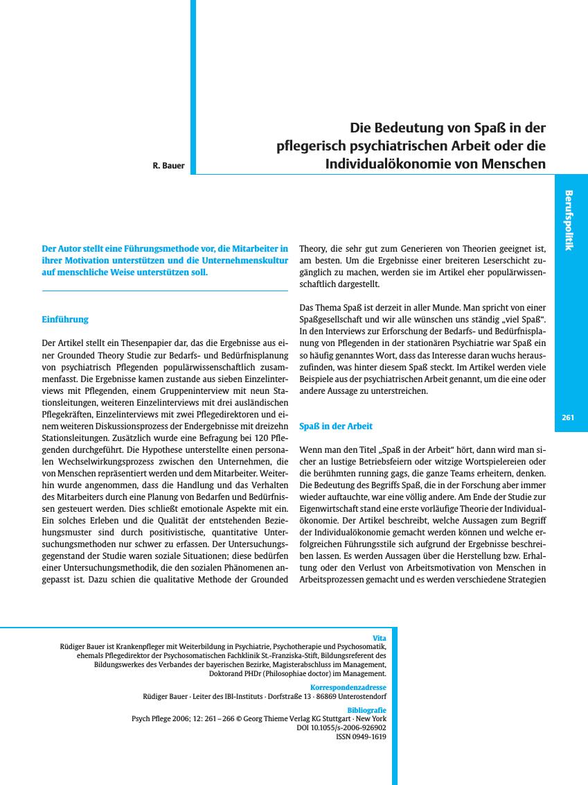 Vorschauseite 1: Die Bedeutung von Spaß in der pflegerisch psychiatrischen Arbeit oder die Individualökonomie von Menschen