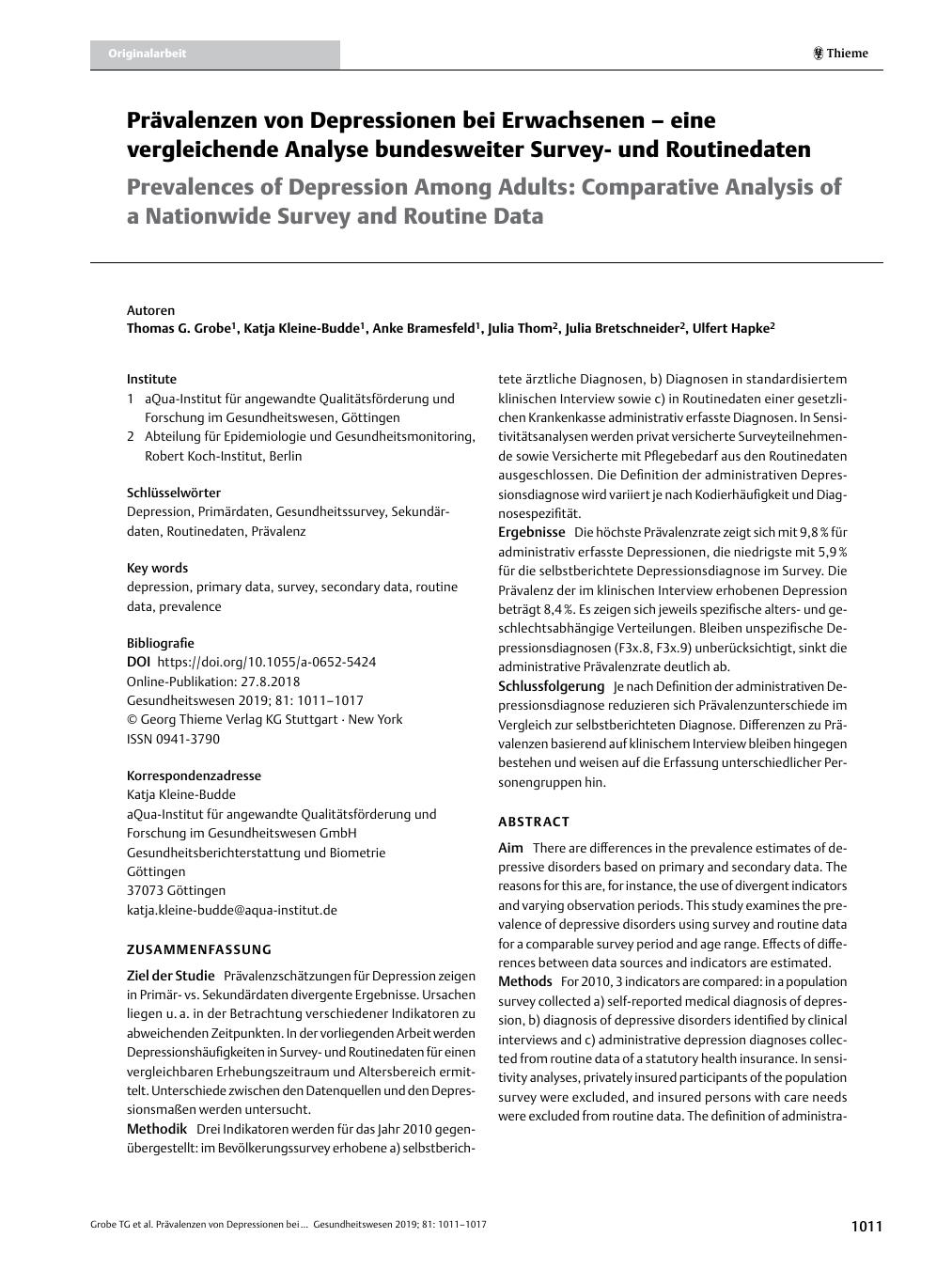 Vorschauseite 1: Prävalenzen von Depressionen bei Erwachsenen – eine vergleichende Analyse bundesweiter Surveyund Routinedaten