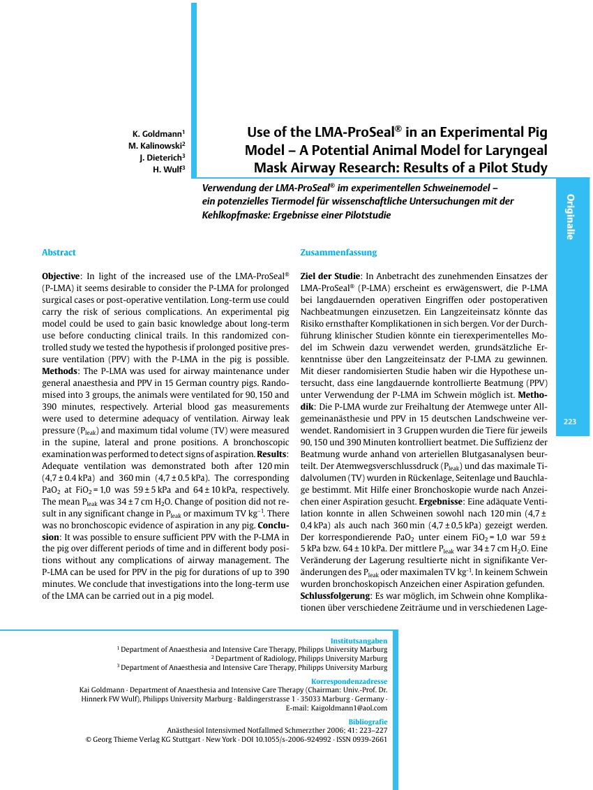 Vorschauseite 1: Use of the LMA-ProSeal® in an Experimental Pig Model - A Potential Animal Model for Laryngeal Mask Airway Research: Results of a Pilot Study