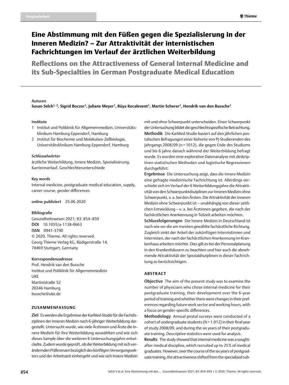 Vorschauseite 1: Eine Abstimmung mit den Füßen gegen die Spezialisierung in der Inneren Medizin? – Zur Attraktivität der internistischen Fachrichtungen im Verlauf der ärztlichen Weiterbildung