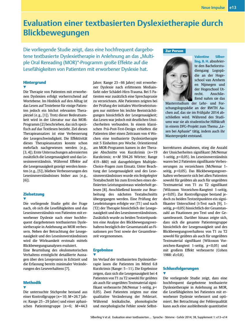 Vorschauseite 1: Evaluation einer textbasierten Dyslexietherapie durch Blickbewegungen