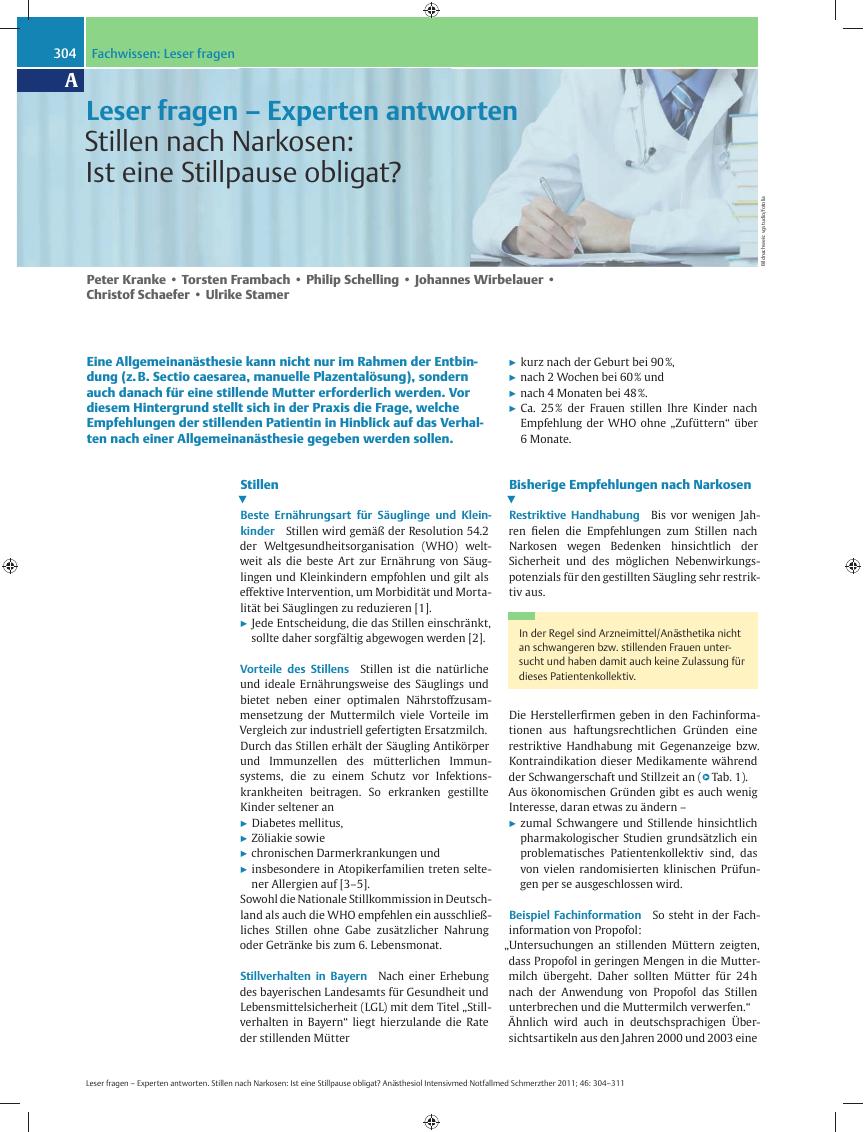 Vorschauseite 1: Leser fragen – Experten antworten – Stillen nach Narkosen: Ist eine Stillpause obligat?