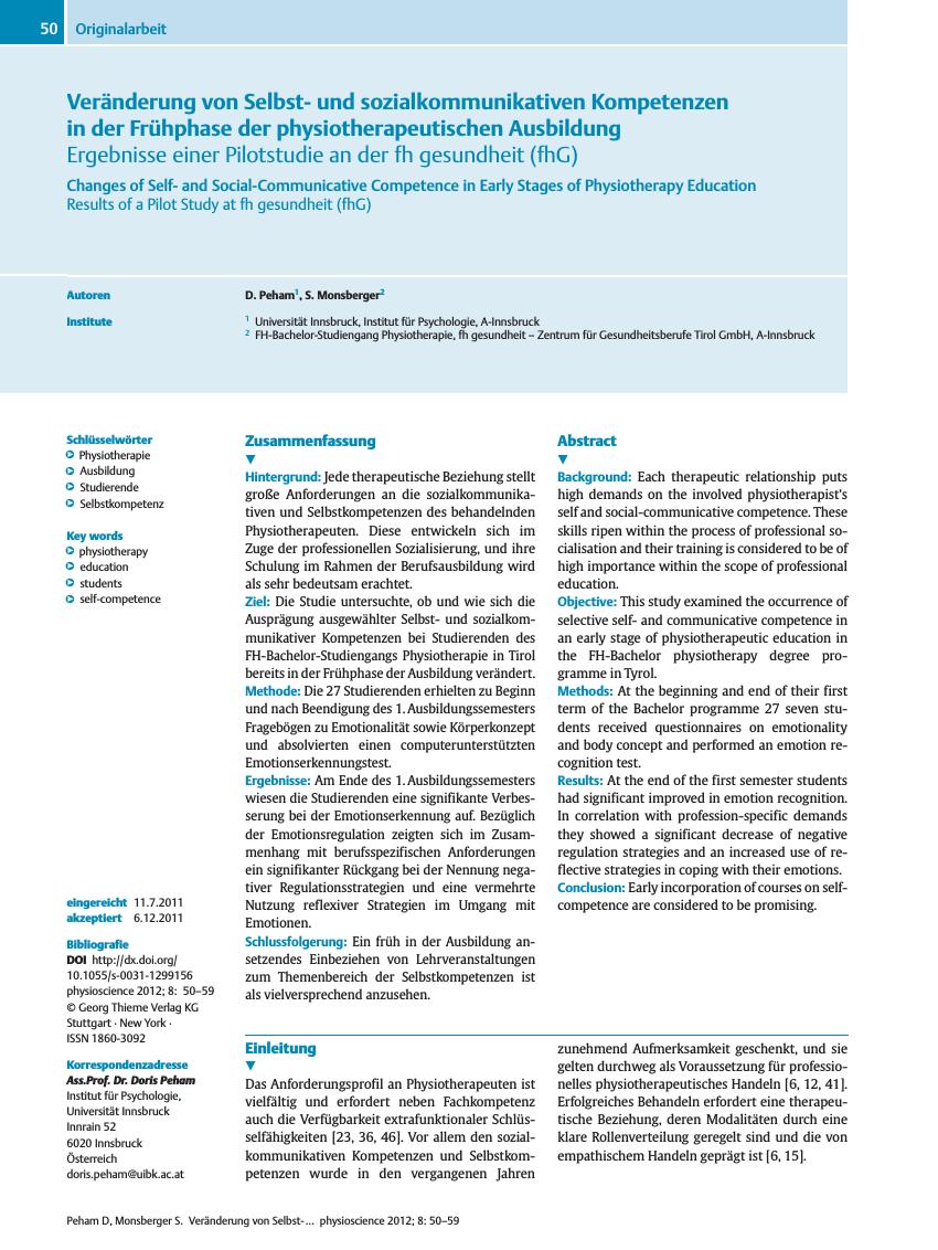 Vorschauseite 1: Veränderung von Selbstund sozialkommunikativen Kompetenzen in der Frühphase der physiotherapeutischen Ausbildung