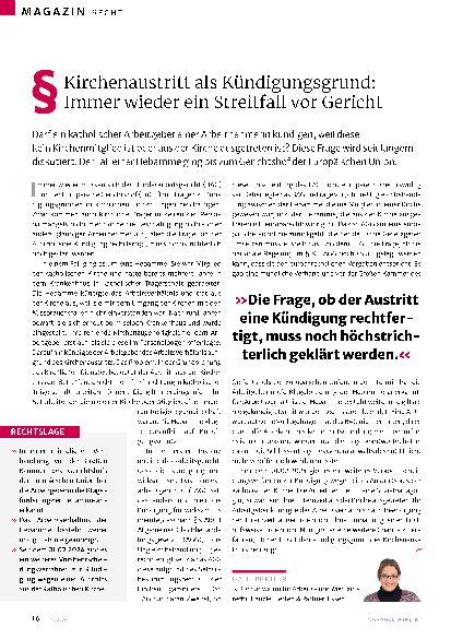Vorschauseite 1: Kirchenaustritt als Kündigungsgrund: Immer wieder ein Streitfall vor Gericht