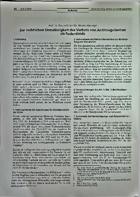 Vorschauseite 1: Zur rechtlichen Unzulässigkeit des Verbots von Antikoagulantien als Rodentizide