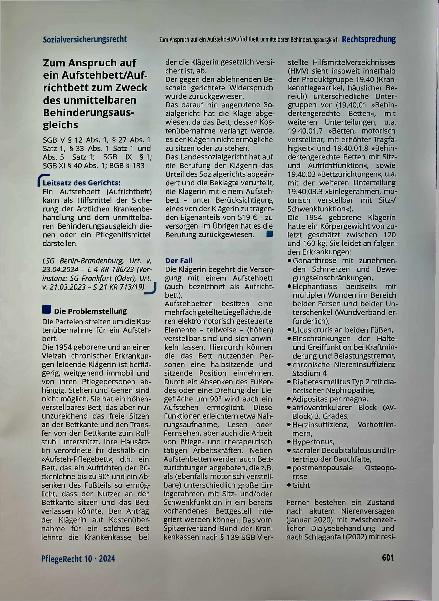 Vorschauseite 1: Zum Anspruch auf ein Aufstehbett/Aufrichtbett zum Zweck des unmittelbaren Behinderungsausgleichs.