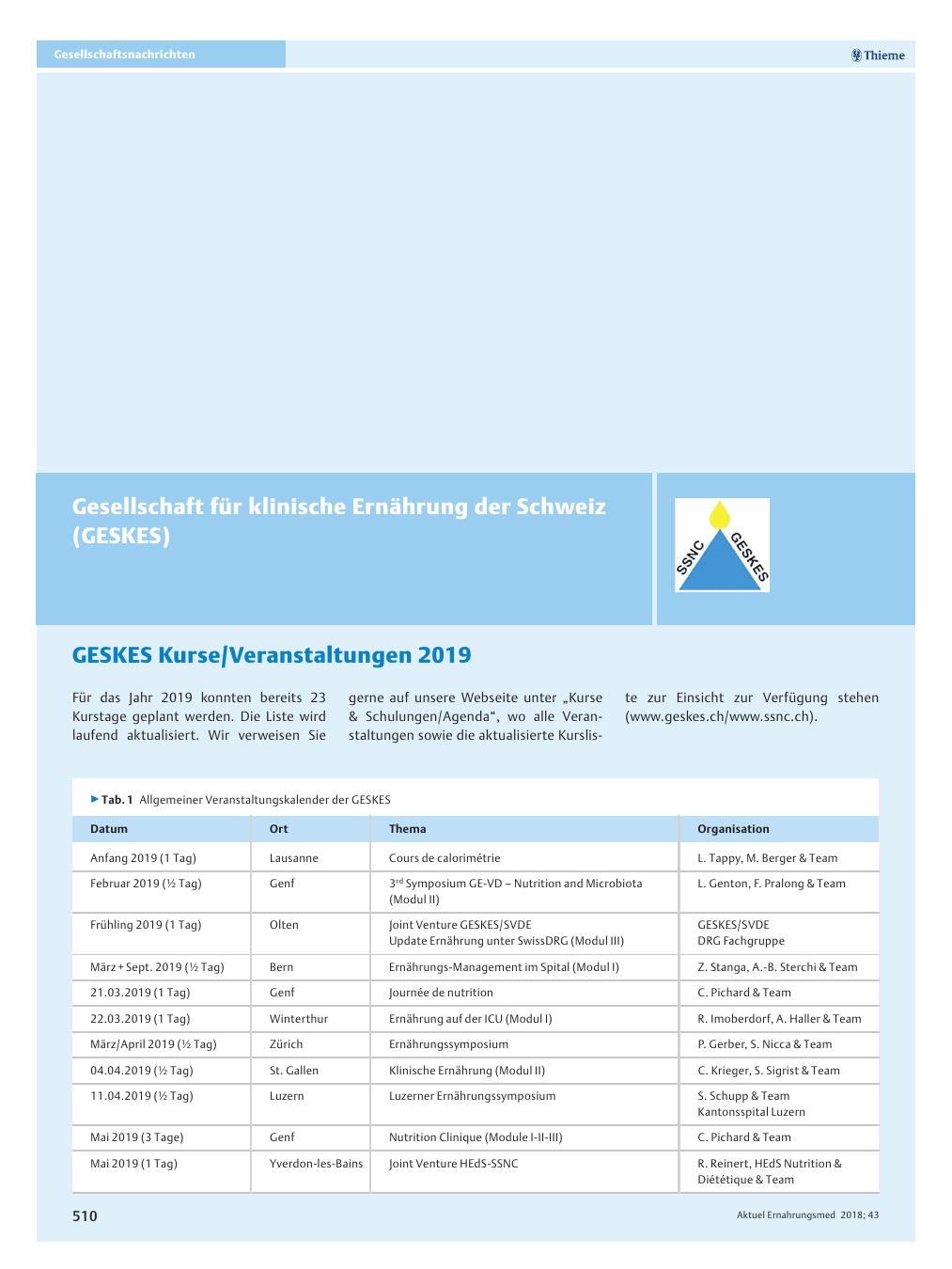 Vorschauseite 1: Gesellschaft für klinische Ernährung der Schweiz (GESKES)