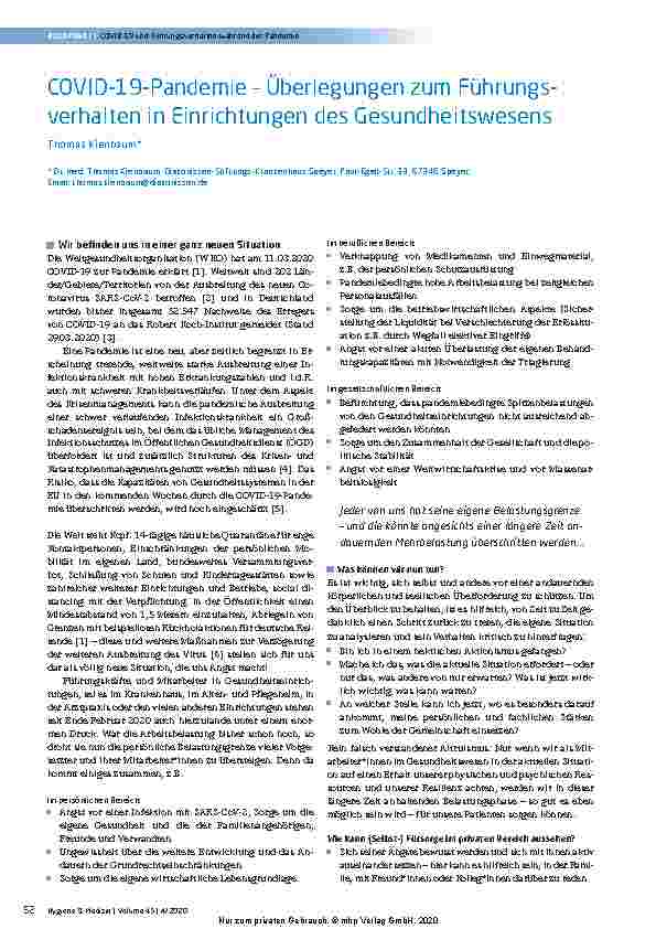 Vorschauseite 1: COVID-19-Pandemie – Überlegungen zum Führungsverhalten in Einrichtungen des Gesundheitswesens