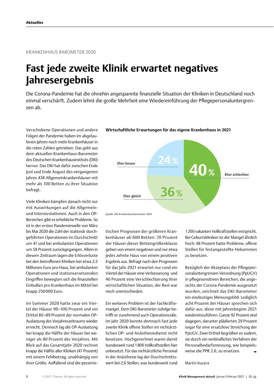 Vorschauseite 1: Krankenhausbarometer 2020: Fast jede zweite Klinik erwartet negatives Jahresergebnis