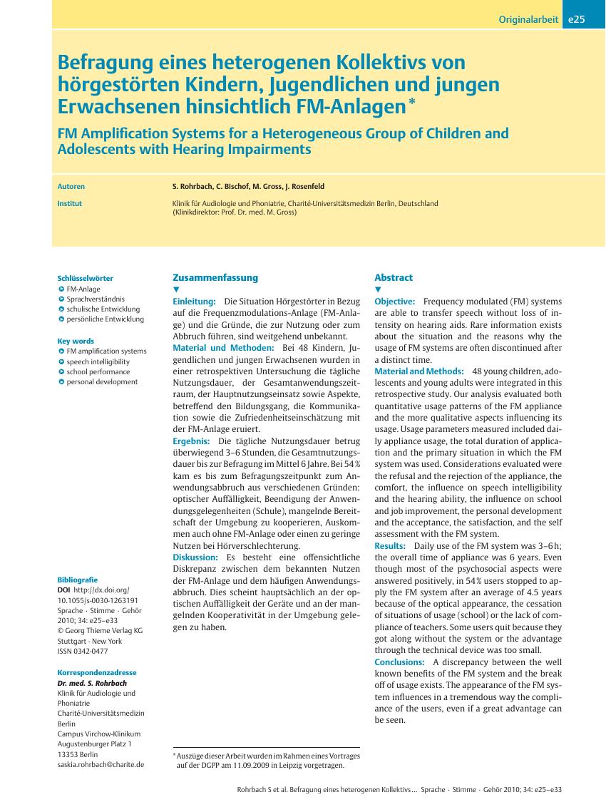 Vorschauseite 1: Befragung eines heterogenen Kollektivs von hörgestörten Kindern, Jugendlichen und jungen Erwachsenen hinsichtlich FM-Anlagen