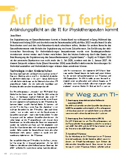 Vorschauseite 1: Auf die TI, fertig, los! Anbindungspflicht an die TI für Physiotherapeuten kommt im nächsten Jahr.