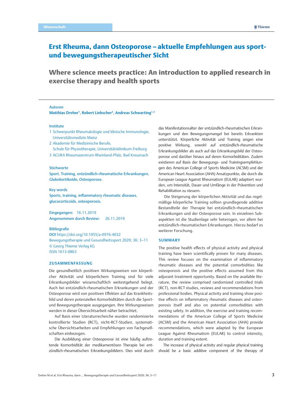 Vorschauseite 1: Erst Rheuma, dann Osteoporose – aktuelle Empfehlungen aus sportund bewegungstherapeutischer Sicht.