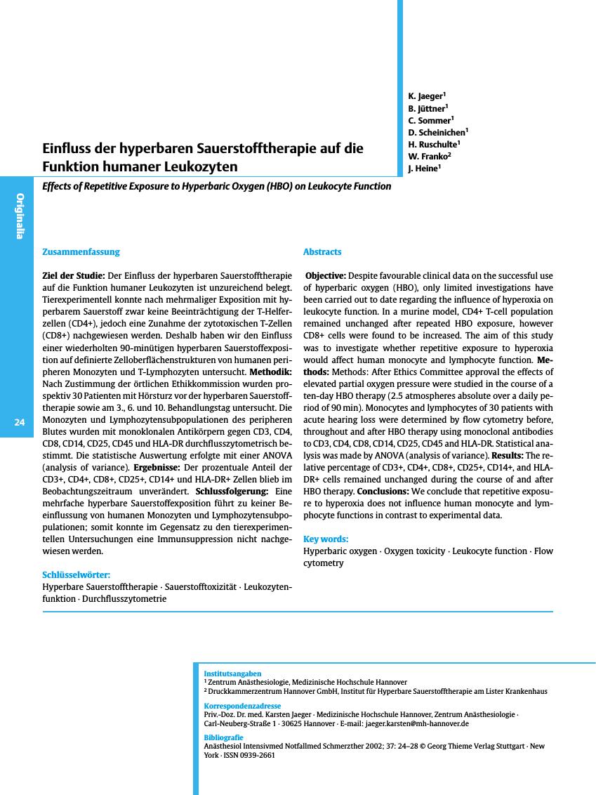 Vorschauseite 1: Einfluss der hyperbaren Sauerstofftherapie auf die Funktion humaner Leukozyten