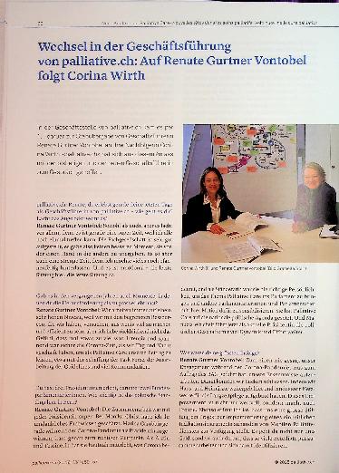 Vorschauseite 1: Wechsel in der Geschäftsführung von palliative. ch: Auf Renate Gürtner Vontobel folgt Corina Wirth