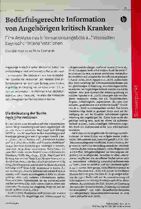 Vorschauseite 1: Bedürfnisgerechte Information von Angehörigen kritisch Kranker: Eine Analyse des Informationsangebots auf Webseiten bayerischer Intensivstationen