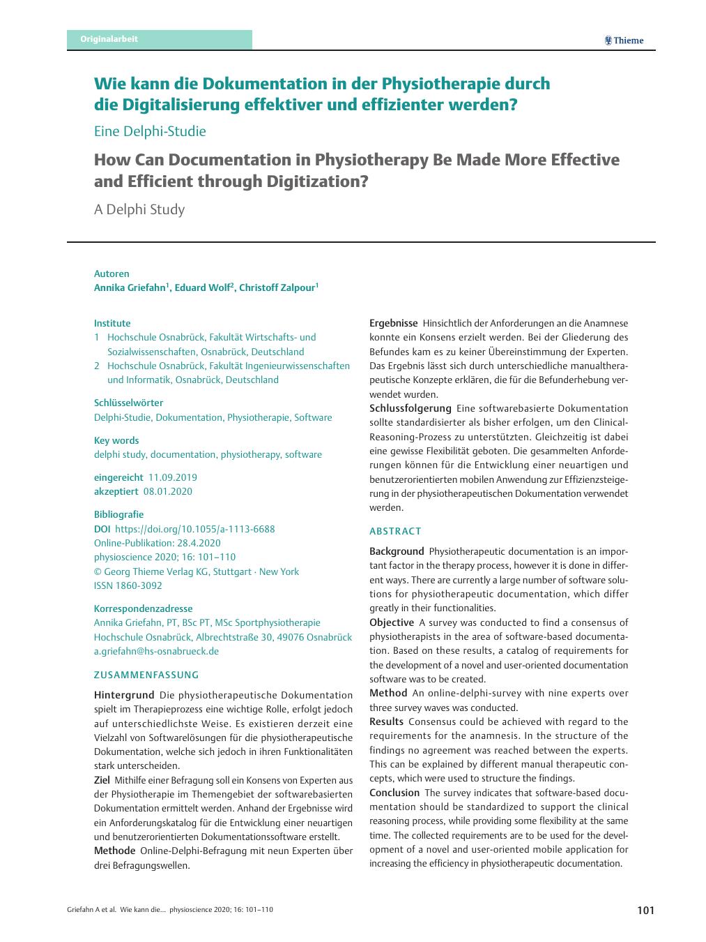 Vorschauseite 1: Wie kann die Dokumentation in der Physiotherapie durch die Digitalisierung effektiver und effizienter werden? – Eine Delphi-Studie