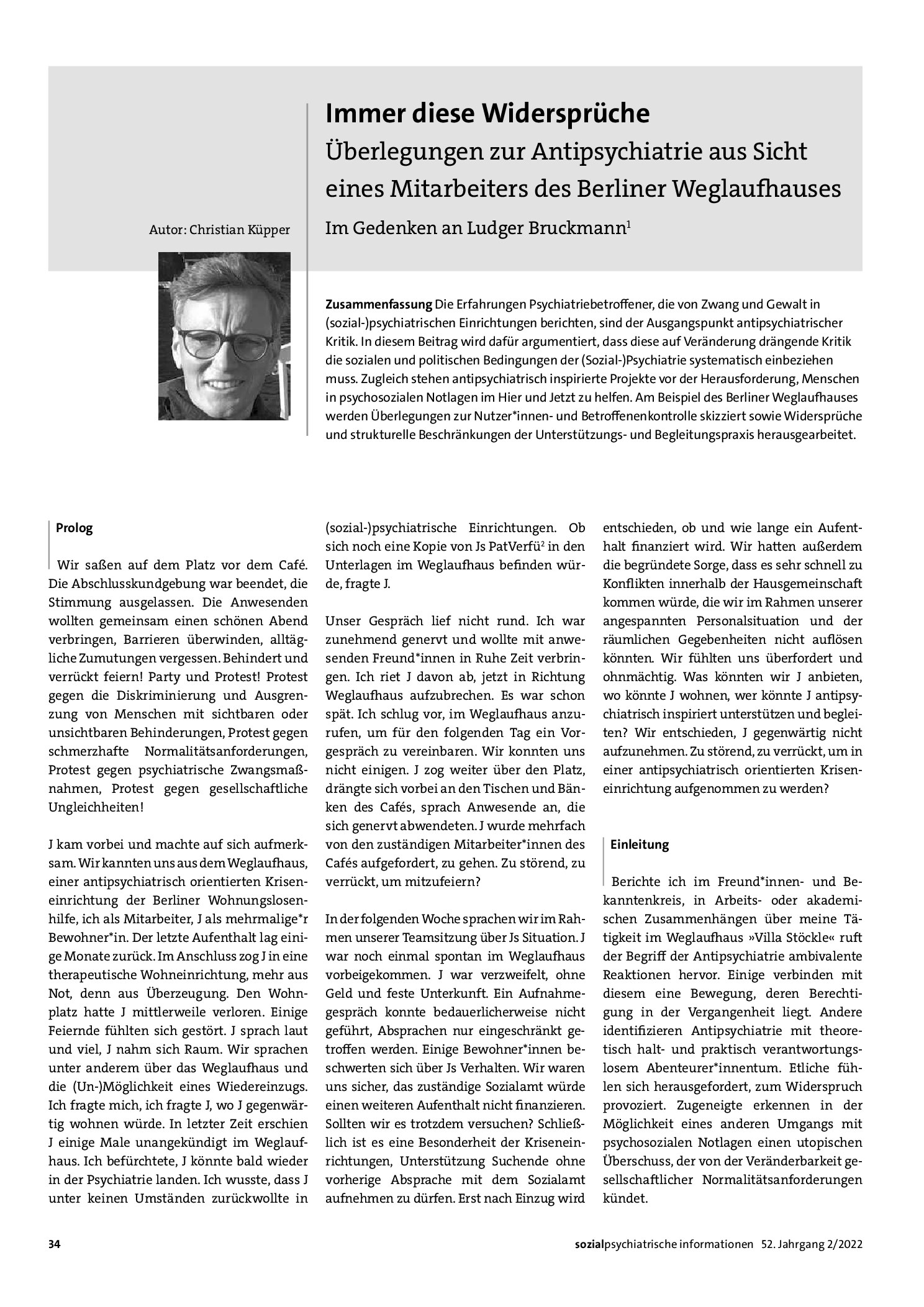 Vorschauseite 1: Immer diese Widersprüche. Überlegungen zur Antipsychiatrie aus Sicht eines Mitarbeiters des Berliner Weglaufhauses