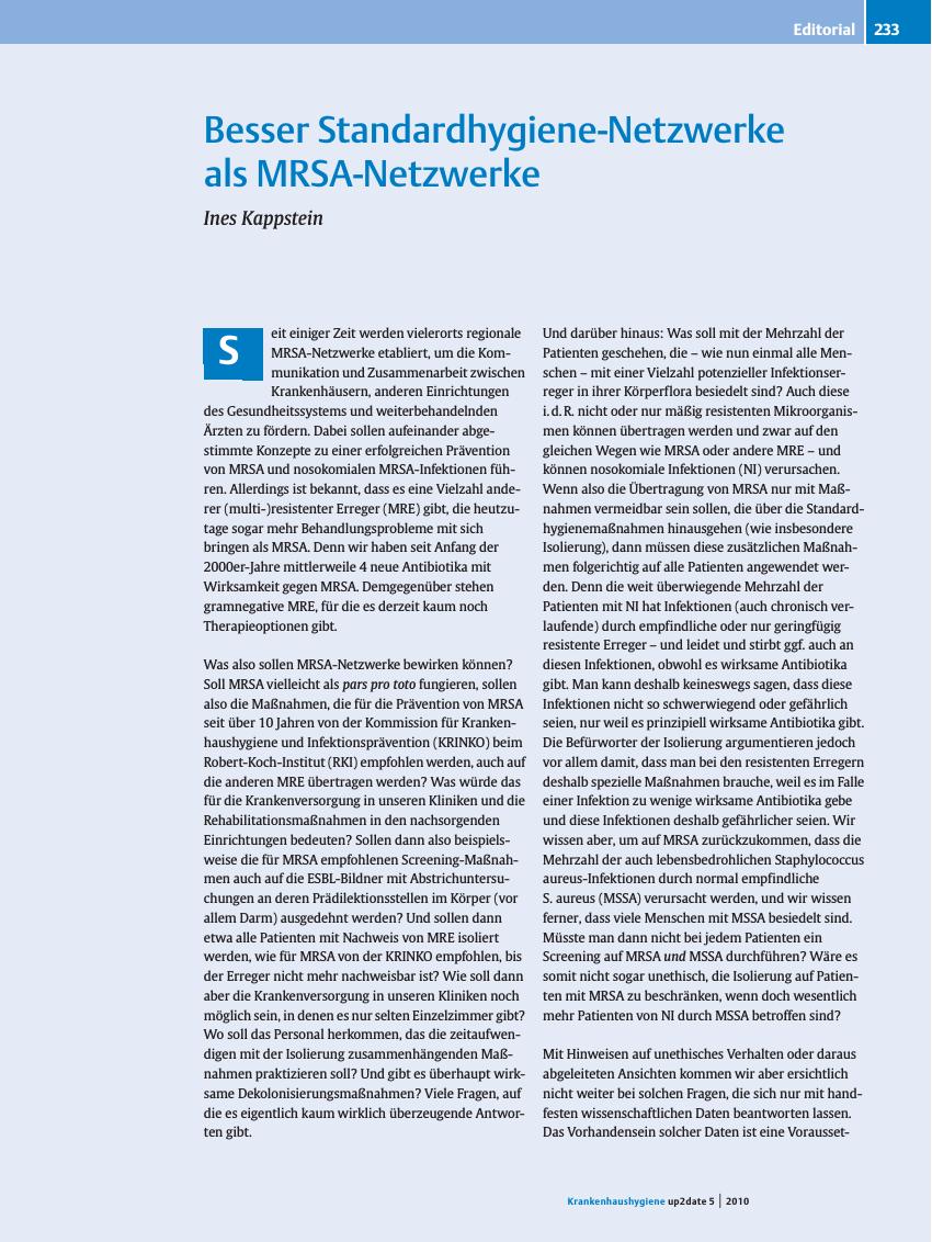 Vorschauseite 1: Besser Standardhygiene-Netzwerke als MRSA-Netzwerke