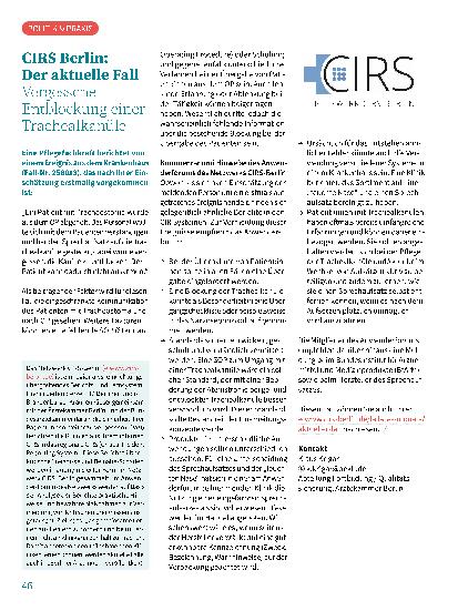 Vorschauseite 1: CIRS Berlin: Der aktuelle Fall - Vergessene Entblockung einer Trachealkanüle