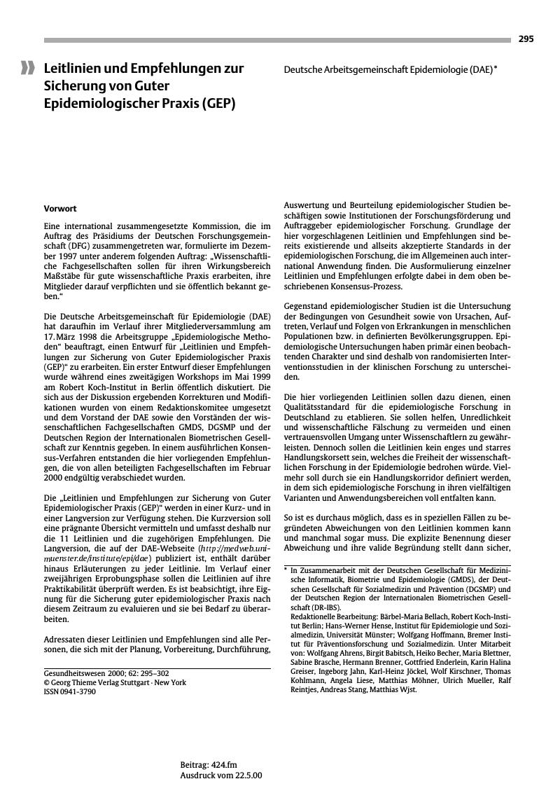 Vorschauseite 1: Leitlinien und Empfehlungen zur Sicherung von Guter Epidemiologischer Praxis (GEP)
