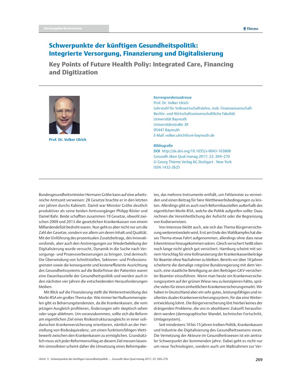 Vorschauseite 1: Schwerpunkte der künftigen Gesundheitspolitik: Integrierte Versorgung, Finanzierung und Digitalisierung