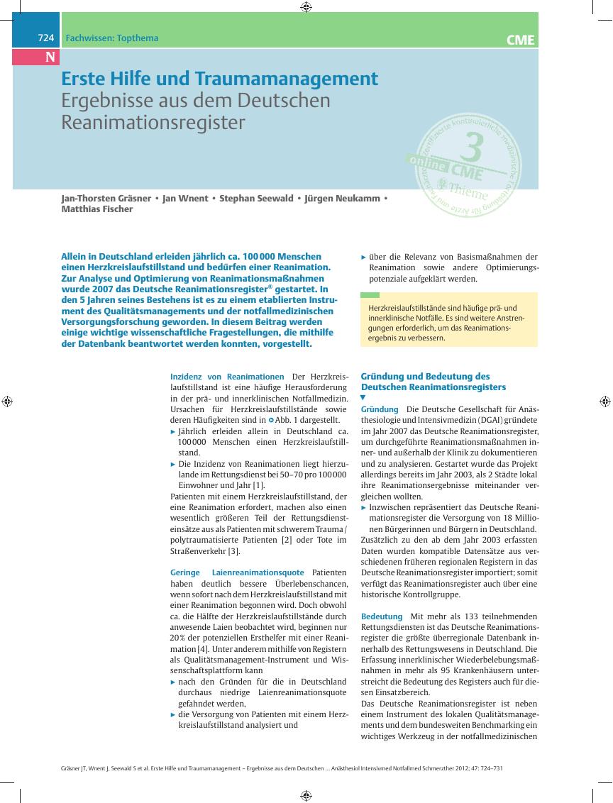 Vorschauseite 1: Erste Hilfe und Traumamanagement – Ergebnisse aus dem Deutschen Reanimationsregister