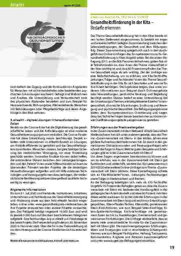 Vorschauseite 2: Ausschreibung des 10. Niedersächsischen Gesundheitspreises in besonderen Zeiten