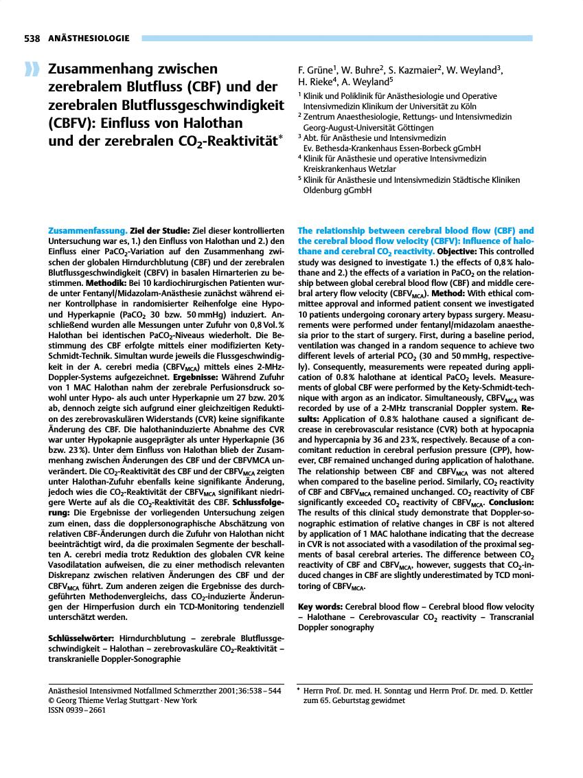 Vorschauseite 1: Zusammenhang zwischen zerebralem Blutfluss (CBF) und der zerebralen Blutflussgeschwindigkeit (CBFV): Einfluss von Halothan und der zerebralen CO2-Reaktivität