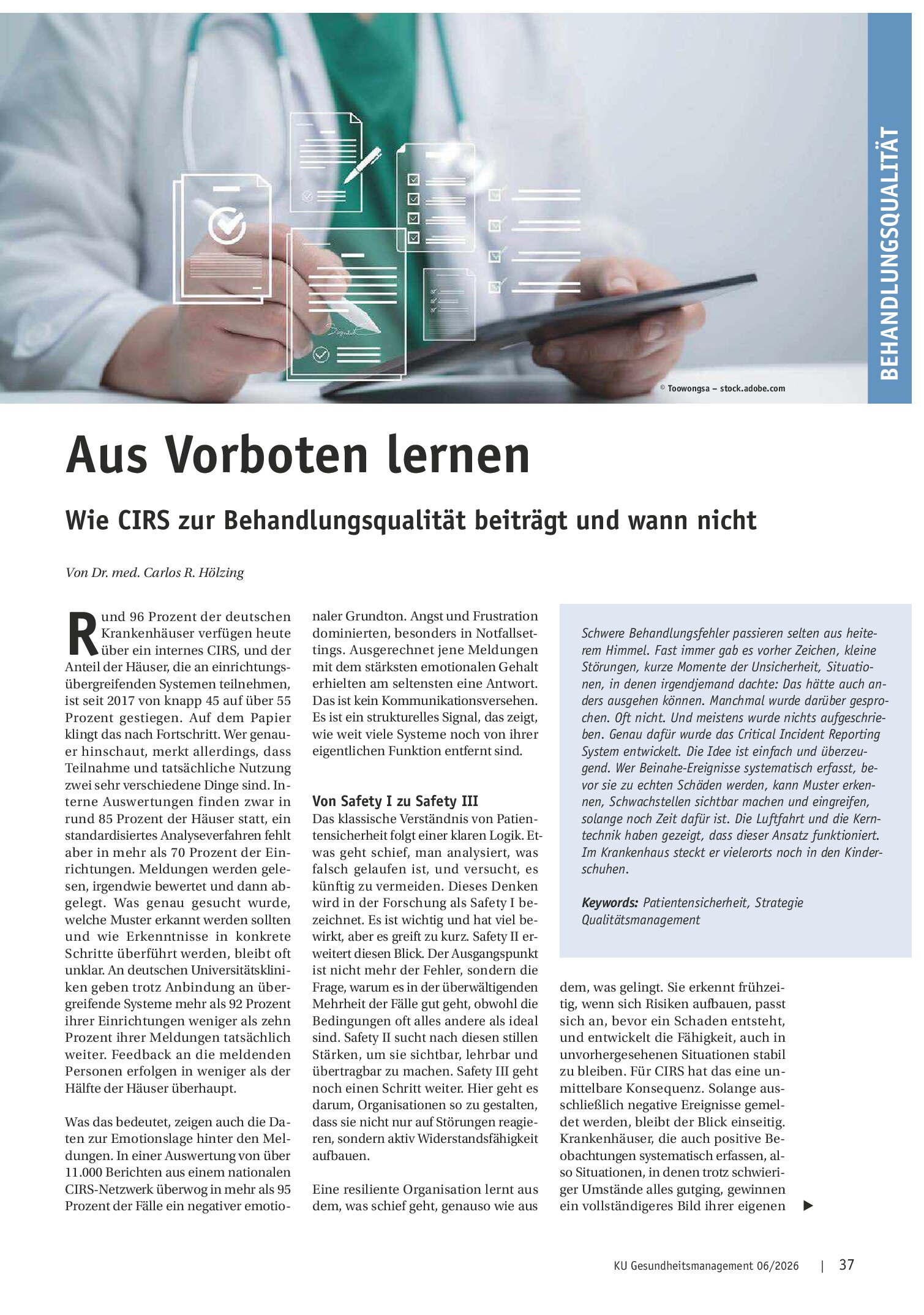 Vorschauseite 1: Aus Vorboten lernen: Wie CIRS zur Behandlungsqualität beiträgt und wann nicht