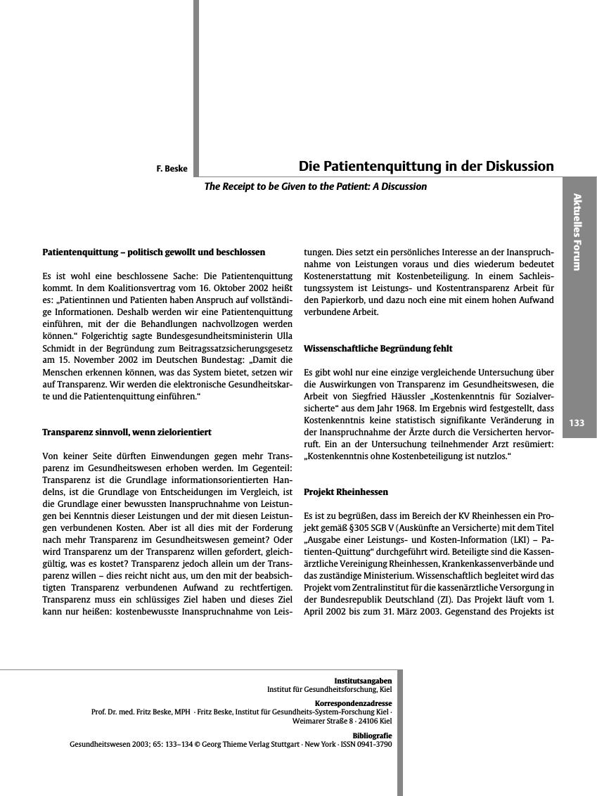 Vorschauseite 1: Die Patientenquittung in der Diskussion
