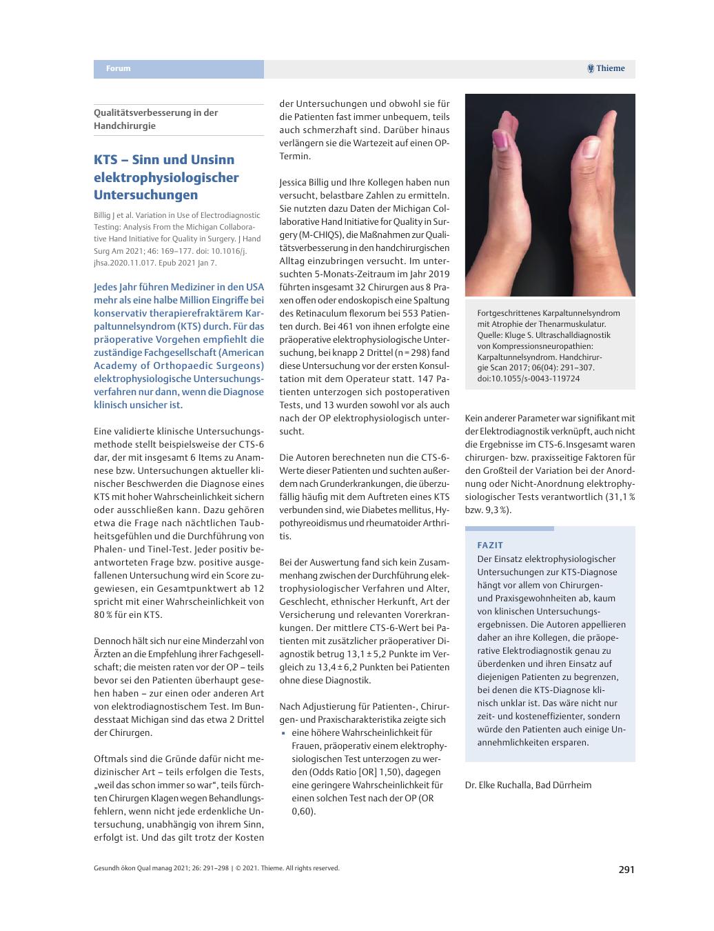 Vorschauseite 1: Qualitätsverbesserung in der Handchirurgie – KTS – Sinn und Unsinn elektrophysiologischer Untersuchungen