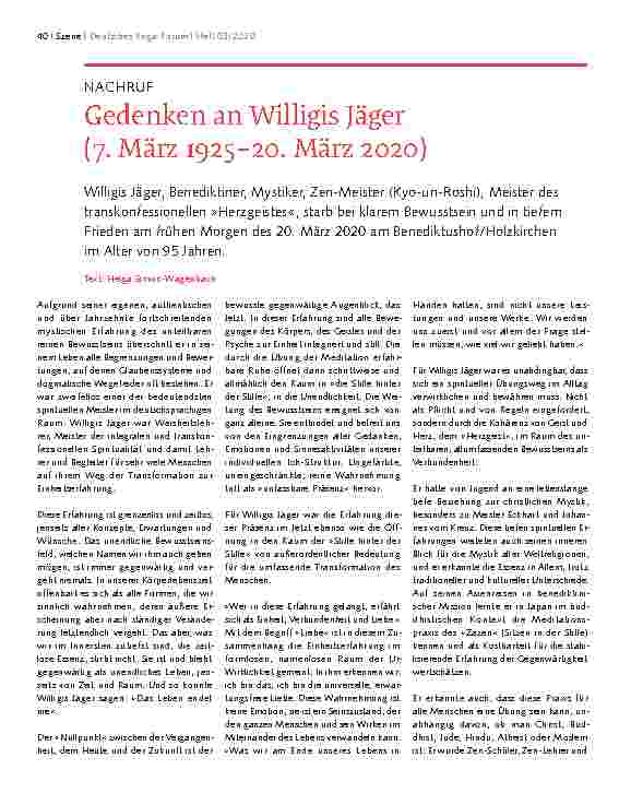Vorschauseite 1: Gedenken an Willigis Jäger (7. März 1925–20. März 2020)
