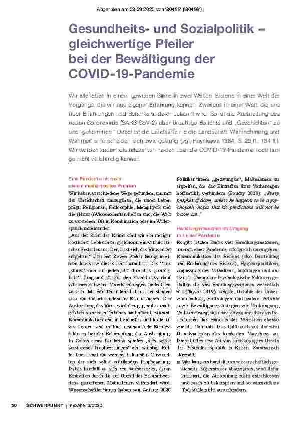 Vorschauseite 1: Gesundheitsund Sozialpolitik – gleichwertige Pfeiler bei der Bewältigung der COVID-19-Pandemie