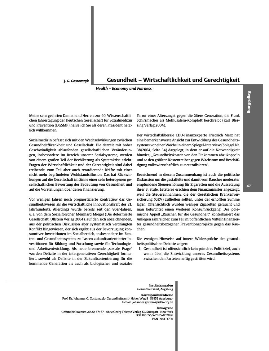 Vorschauseite 1: Gesundheit - Wirtschaftlichkeit und Gerechtigkeit