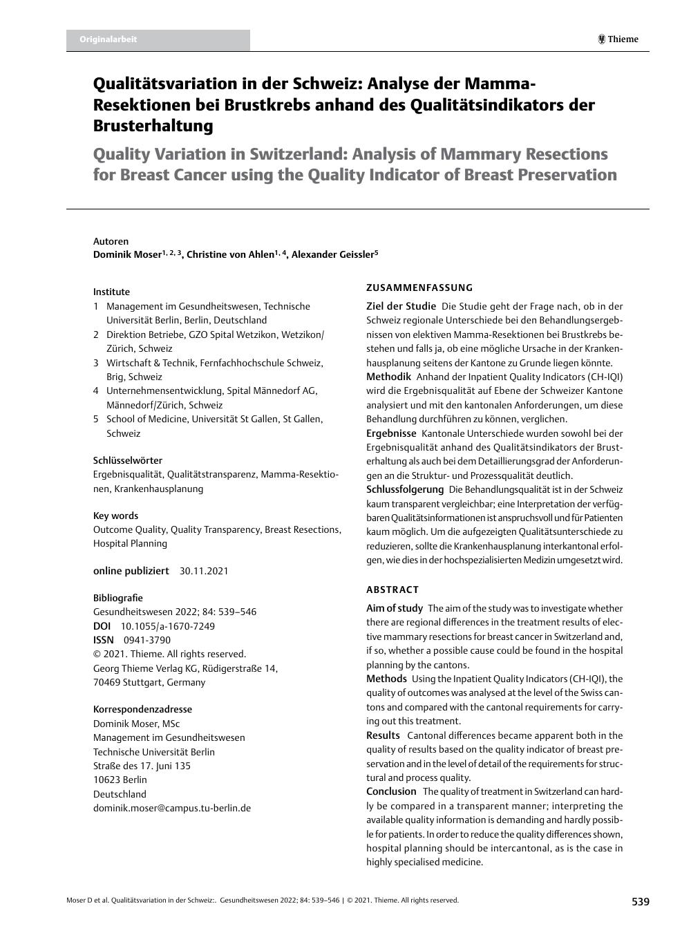 Vorschauseite 1: Qualitätsvariation in der Schweiz: Analyse der Mamma-Resektionen bei Brustkrebs anhand des Qualitätsindikators der Brusterhaltung