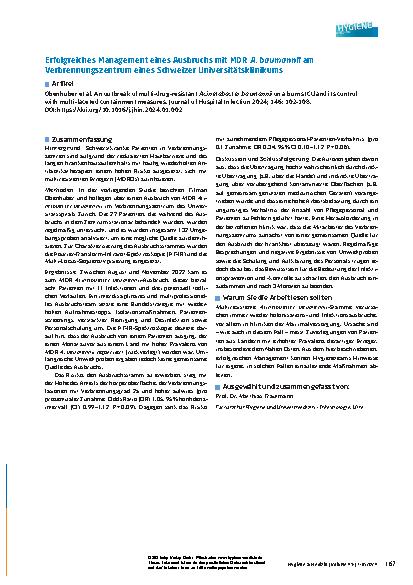 Vorschauseite 1: Erfolgreiches Management eines Ausbruchs mit MDR A. baumannii am Verbrennungszentrum eines Schweizer Universitätsklinikums