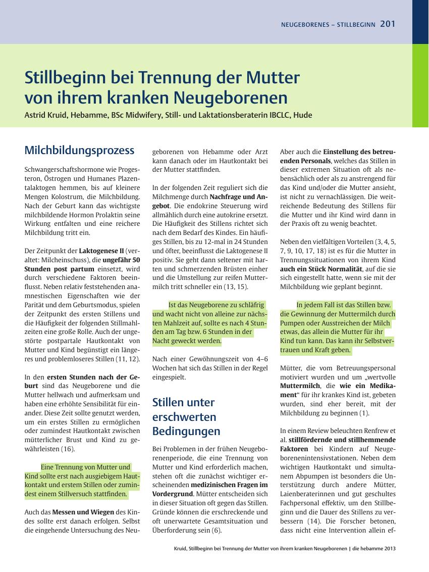 Vorschauseite 1: Stillbeginn bei Trennung der Mutter von ihrem kranken Neugeborenen