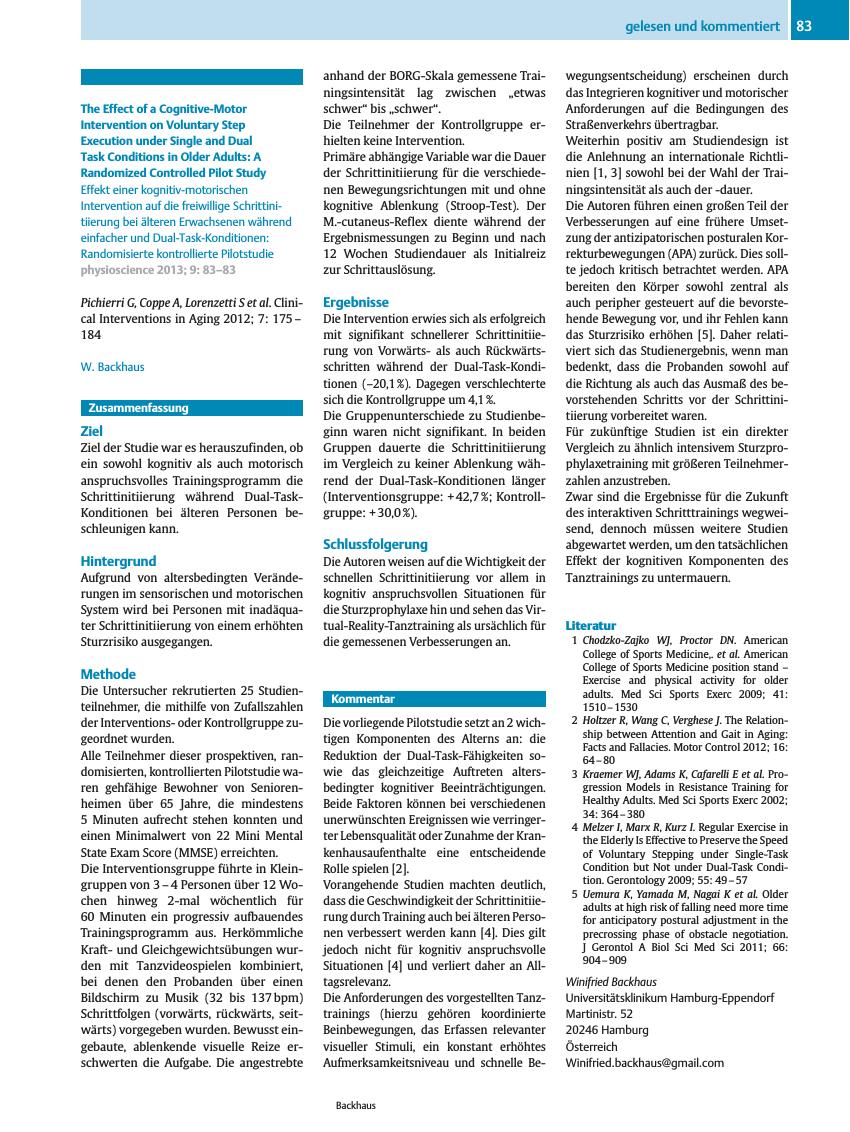 Vorschauseite 1: The Effect of a Cognitive-Motor Intervention on Voluntary Step Execution under Single and Dual Task Conditions in Older Adults: A Randomized Controlled Pilot Study