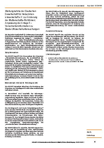 Vorschauseite 1: Stellungnahme der Deutschen Gesellschaft für Hebammenwissenschaft e.V. zur Änderung der Mutterschafts-Richtlinien: Anpassung der Anlage 5 – Versicherteninformation zu Basis-Ultras…