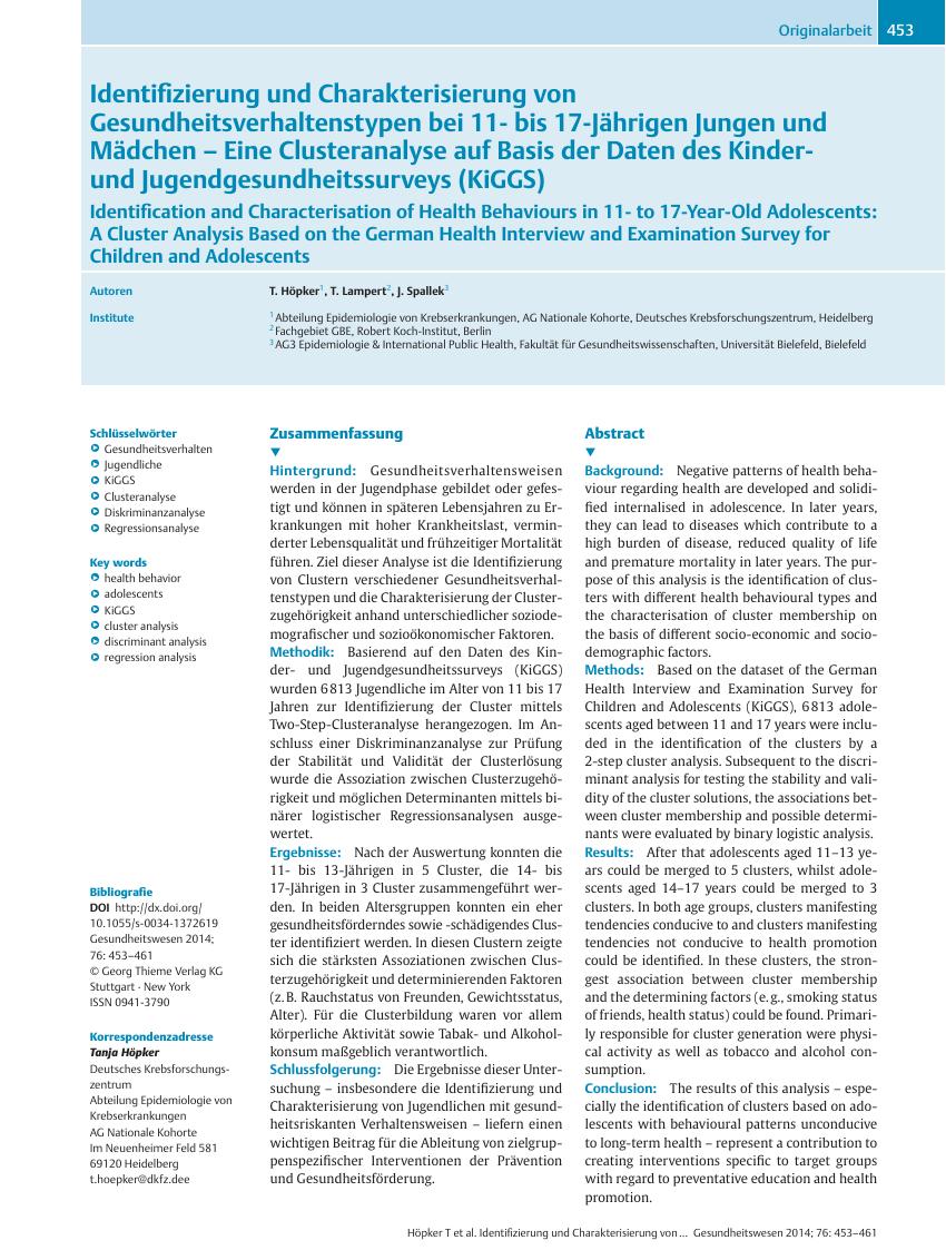 Vorschauseite 1: Identifizierung und Charakterisierung von Gesundheitsverhaltenstypen bei 11- bis 17-Jährigen Jungen und Mädchen – Eine Clusteranalyse auf Basis der Daten des Kinderund Jugendgesun…