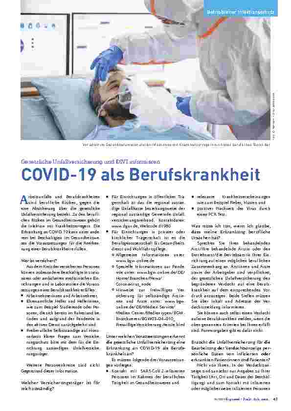 Vorschauseite 1: Gesetzliche Unfallversicherung und DIVI informieren COVID-19 als Berufskrankheit.