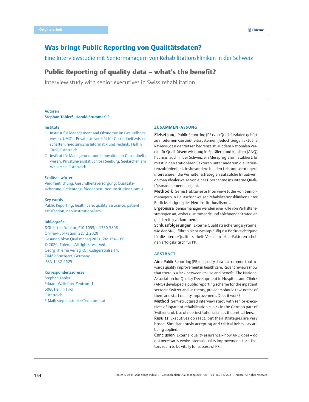Vorschauseite 1: Was bringt Public Reporting von Qualitätsdaten?