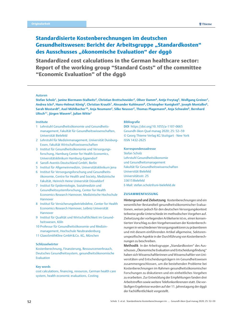Vorschauseite 1: Standardisierte Kostenberechnungen im deutschen Gesundheitswesen: Bericht der Arbeitsgruppe „Standardkosten“ des Ausschusses „ökonomische Evaluation“ der dggö