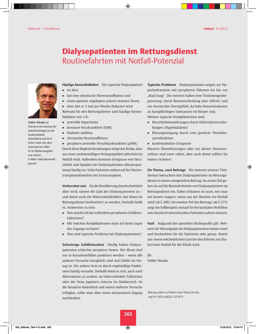 Vorschauseite 1: Dialysepatienten im Rettungsdienst ? Routinefahrten mit Notfall-Potenzial