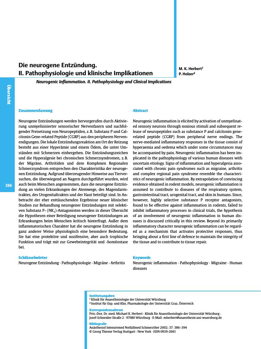 Vorschauseite 1: Die neurogene Entzündung. II. Pathophysiologie und klinische Implikationen