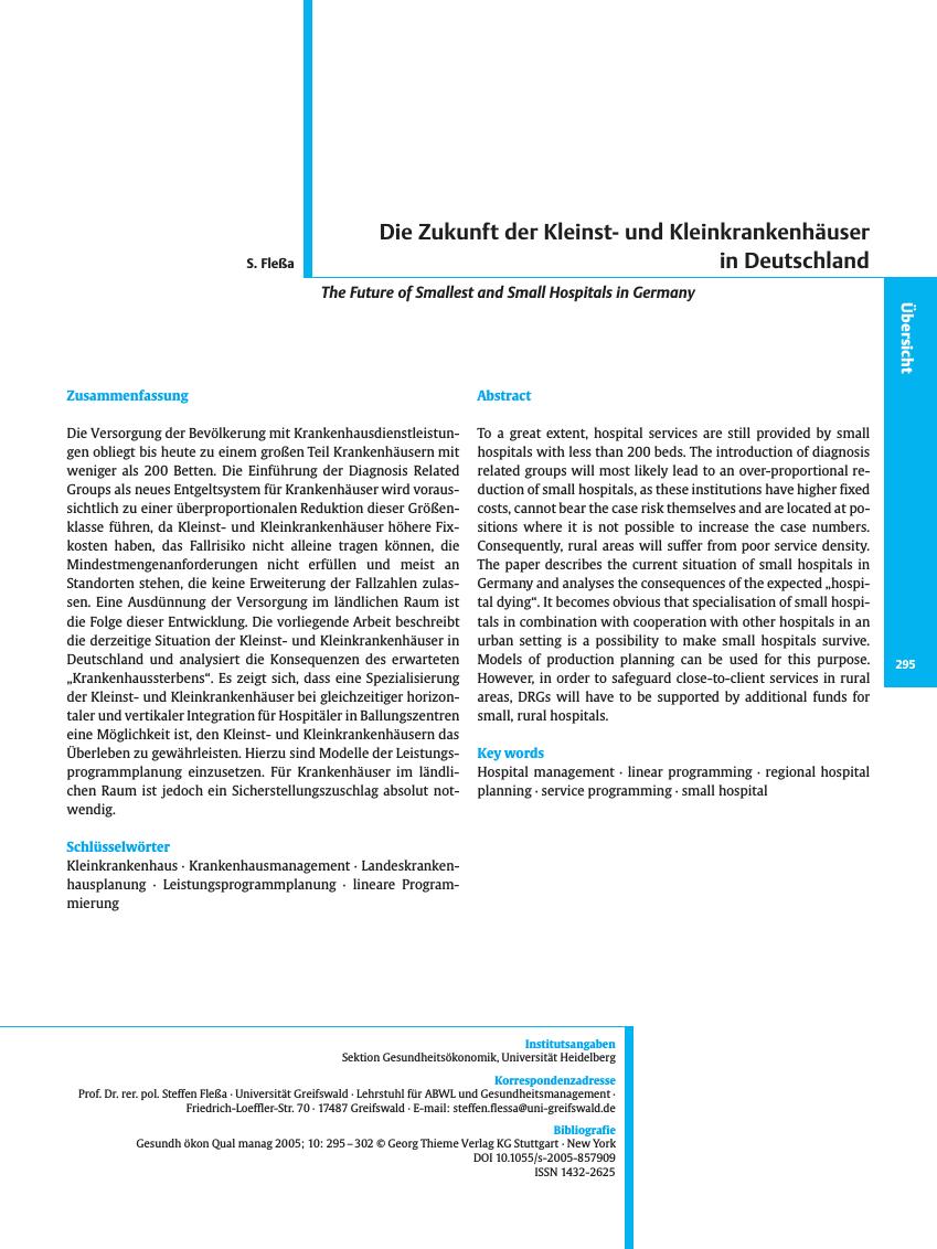 Vorschauseite 1: Die Zukunft der Kleinstund Kleinkrankenhäuser in Deutschland