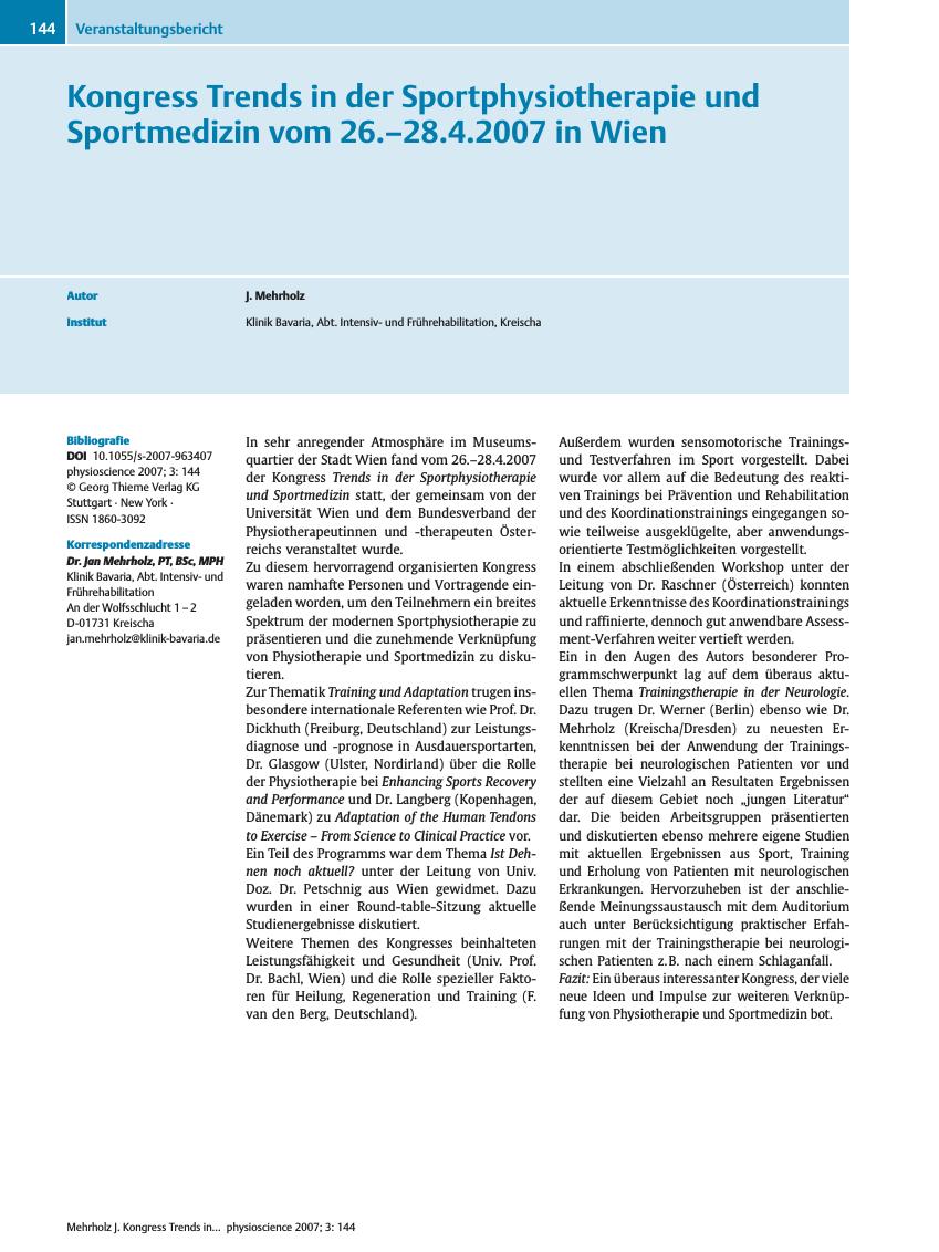 Vorschauseite 1: Kongress Trends in der Sportphysiotherapie und Sportmedizin vom 26.-28.4.2007 in Wien