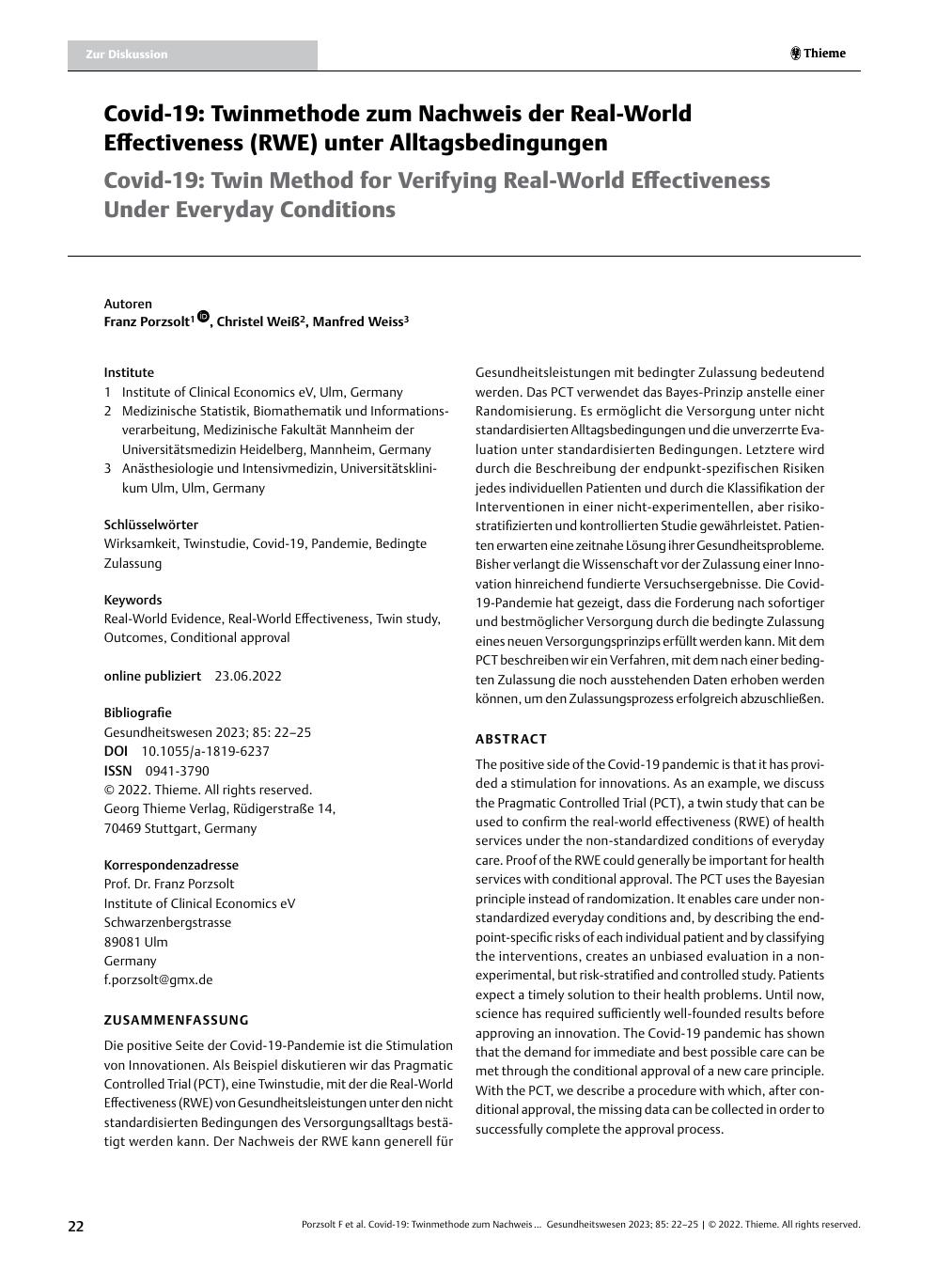 Vorschauseite 1: Covid-19: Twinmethode zum Nachweis der Real-World Effectiveness (RWE) unter Alltagsbedingungen